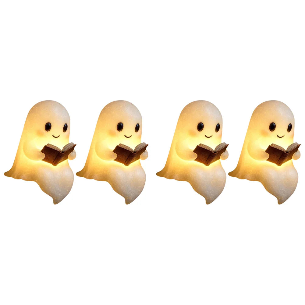 1/2/4Pcs Cute Ghost Reading Book Lamp Halloween Spooky Ghost LED 3D Night Light Home Table Light Up Resin Figurines Decoration