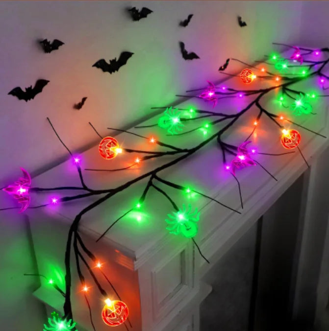 1.8m 54 LED Halloween Black Willow Vine String Lights With Bat Spider Pumpkin Decorative Lamp For Home Room Yard Halloween Decor
