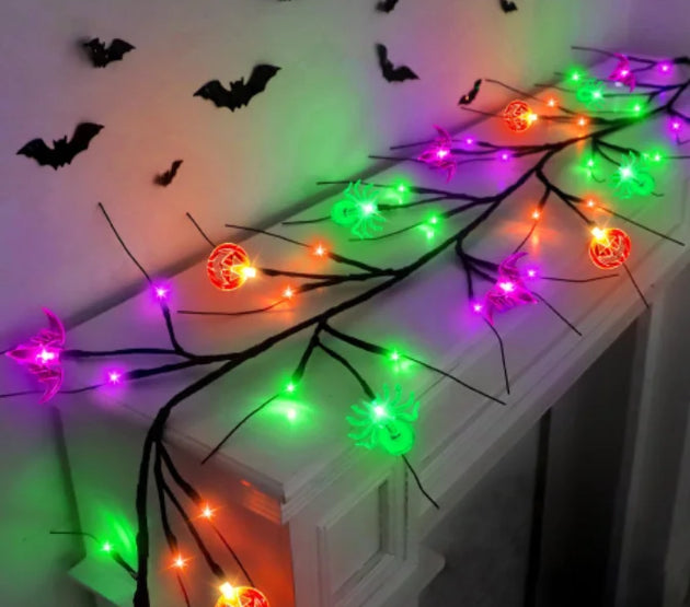 1.8m 54 LED Halloween Black Willow Vine String Lights With Bat Spider Pumpkin Decorative Lamp For Home Room Yard Halloween Decor