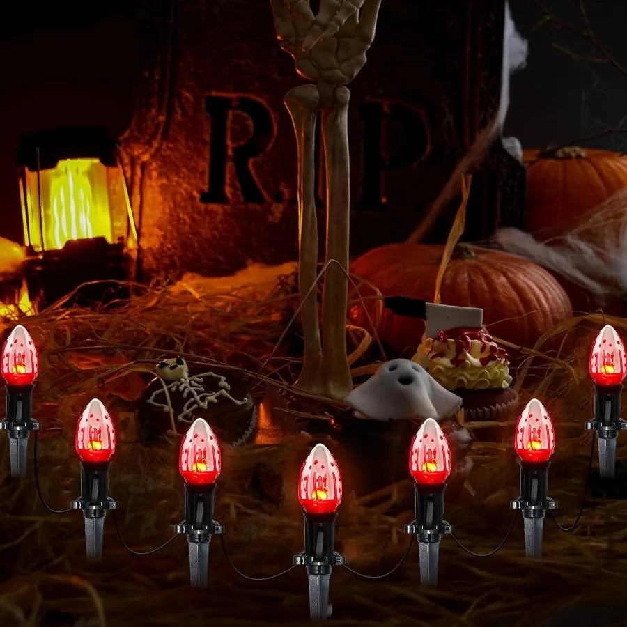 38Ft Halloween Pathway Lights C9 Flickering Flame String Lights with Stakes Waterproof Patio String Lights with 25 Flicker Ligh