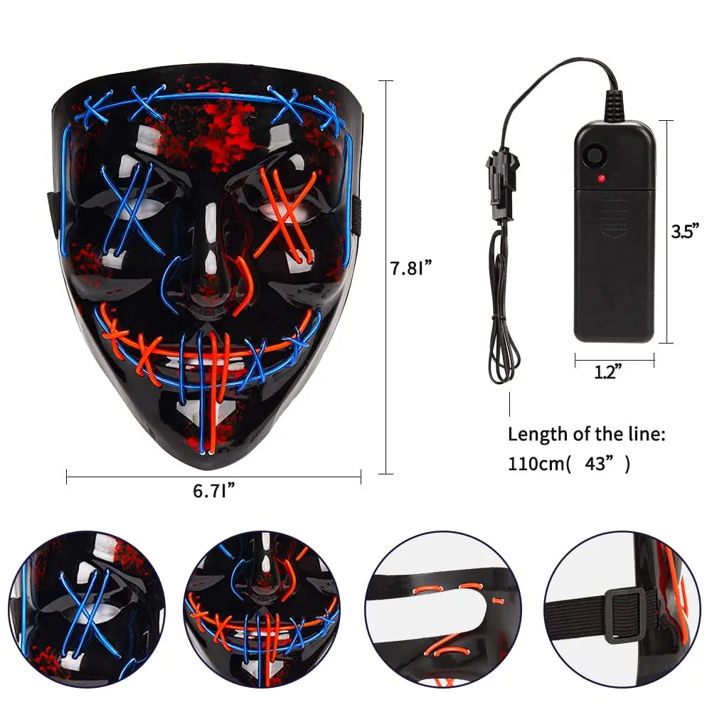 Halloween V-Shaped Glowing Mask - Harmless Material, Easy to Use, Multi-Festival, 3 Lighting Modes, Red & Blue