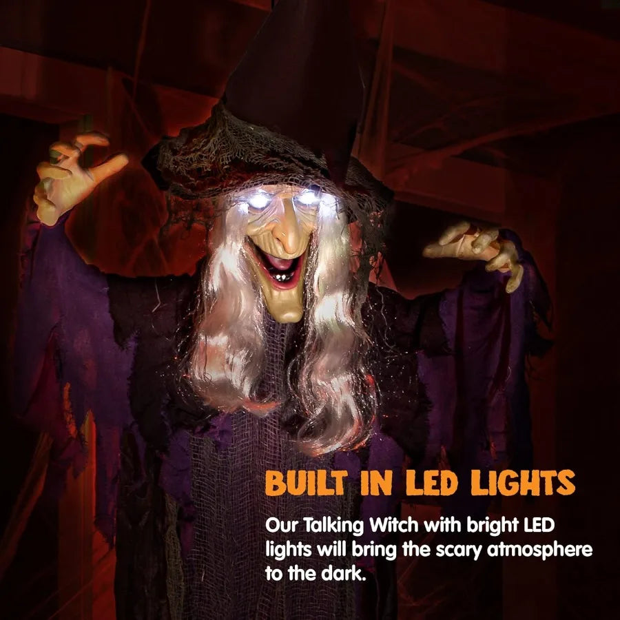JOYIN 72 Halloween Hanging Witch Decorations Outdoor Flying Talking Ghost Decor Light Up Eyes Sound Activated Outside Indoor Ha