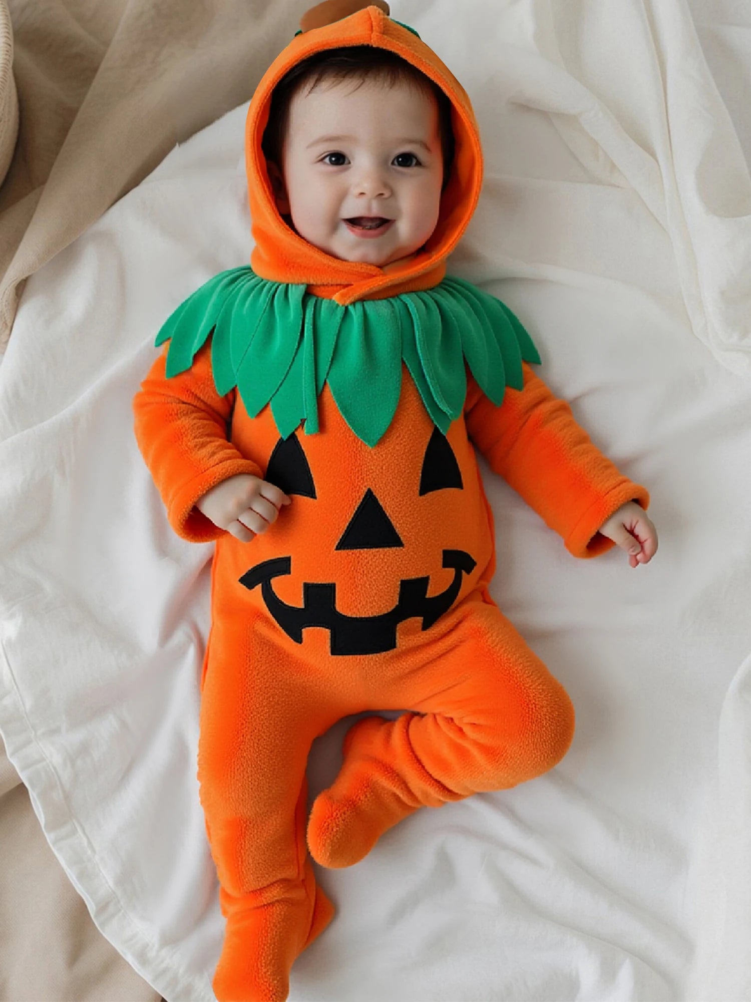 Infant Halloween Costume Set with Long Sleeve Pumpkin Romper Footed Jumpsuit and Matching Hat for Baby Girl