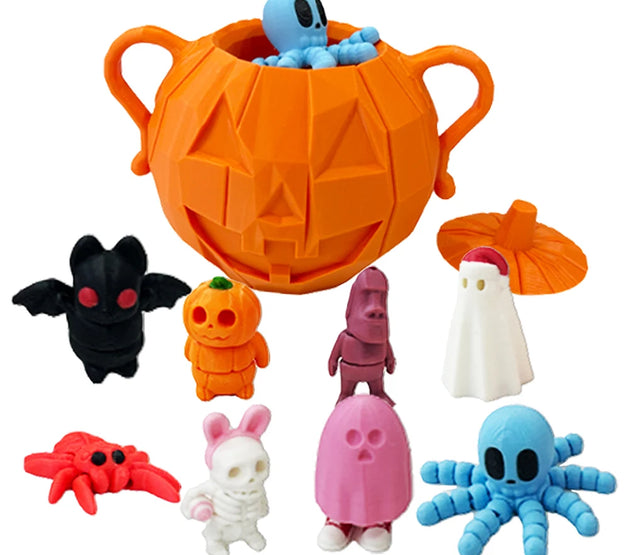 8pcs 3D Printed Halloween Pumpkin Mini Animals Set Halloween Pumpkin Candy Buckets Halloween Fidget Toys with Container for Kids