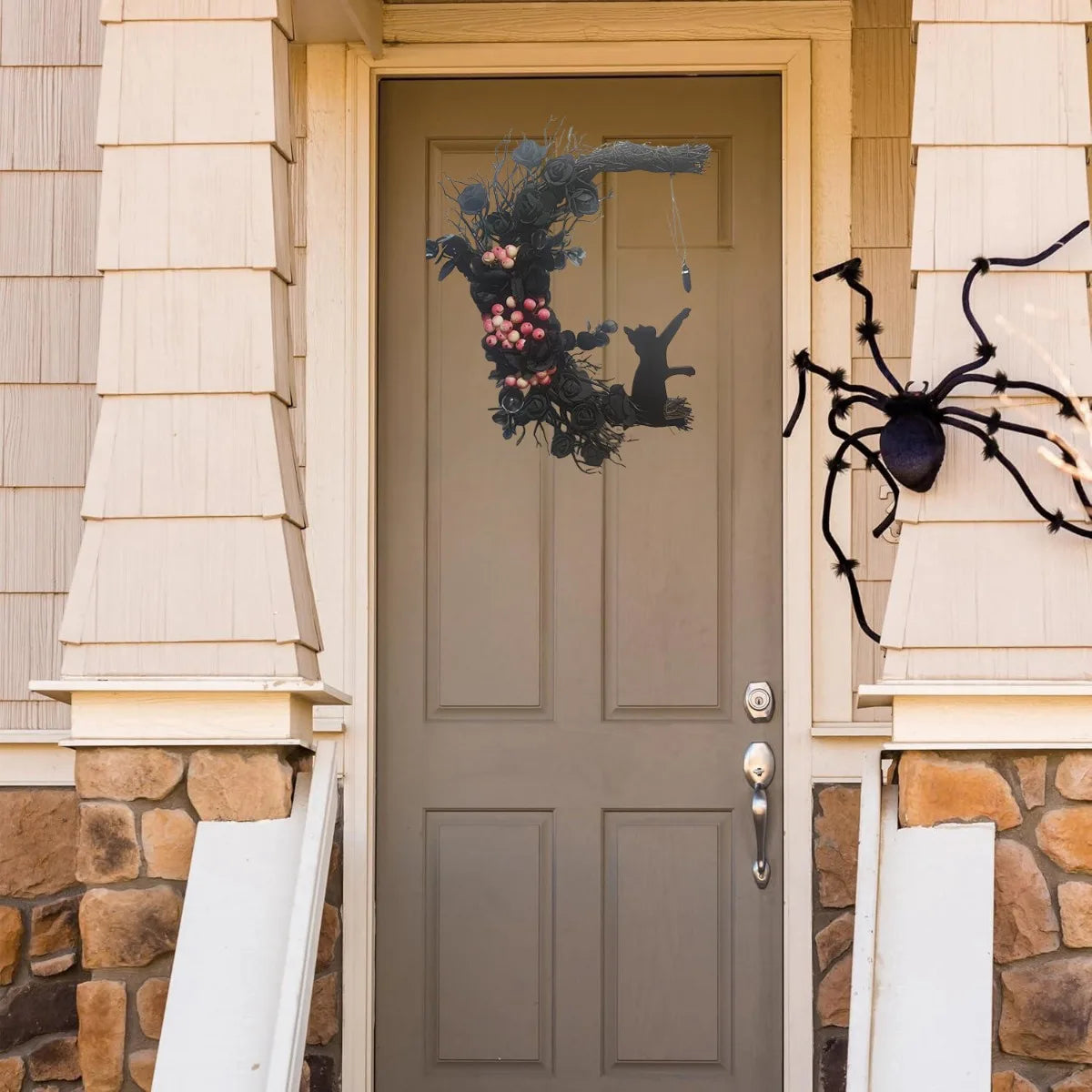 Halloween Moon Cat Wreath, 11.81 Inch Moon Shape Artificial Flower Wreath with Cat, Halloween Wreath for Front Door Wall