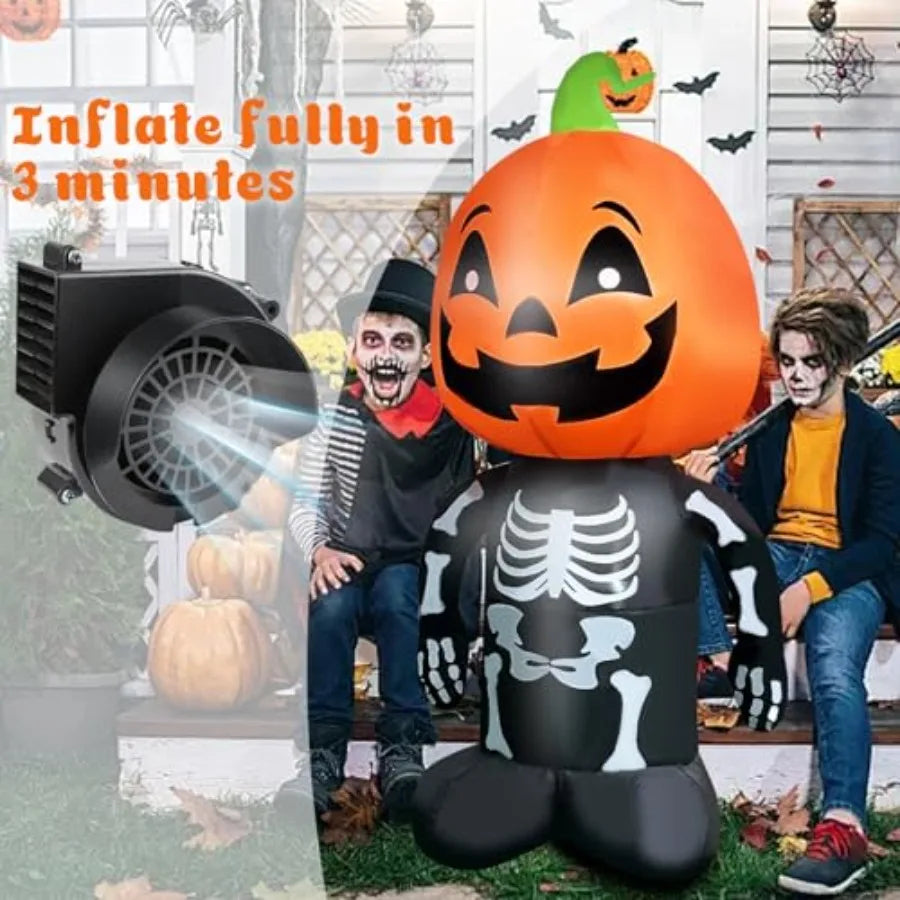 Halloween Inflatable 4FT Tall Skeleton with Pumpkin Head Lighted Blow Up Decoration Featuring a Smiling Face for Outdoor Lawn P