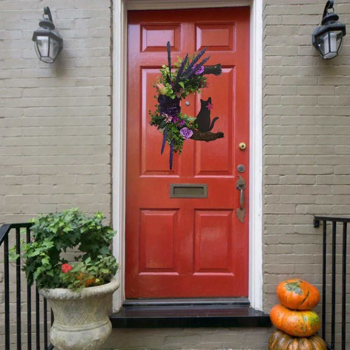 Halloween Moon Cat Wreath, 11.81 Inch Moon Shape Artificial Flower Wreath with Cat, Halloween Wreath for Front Door Wall