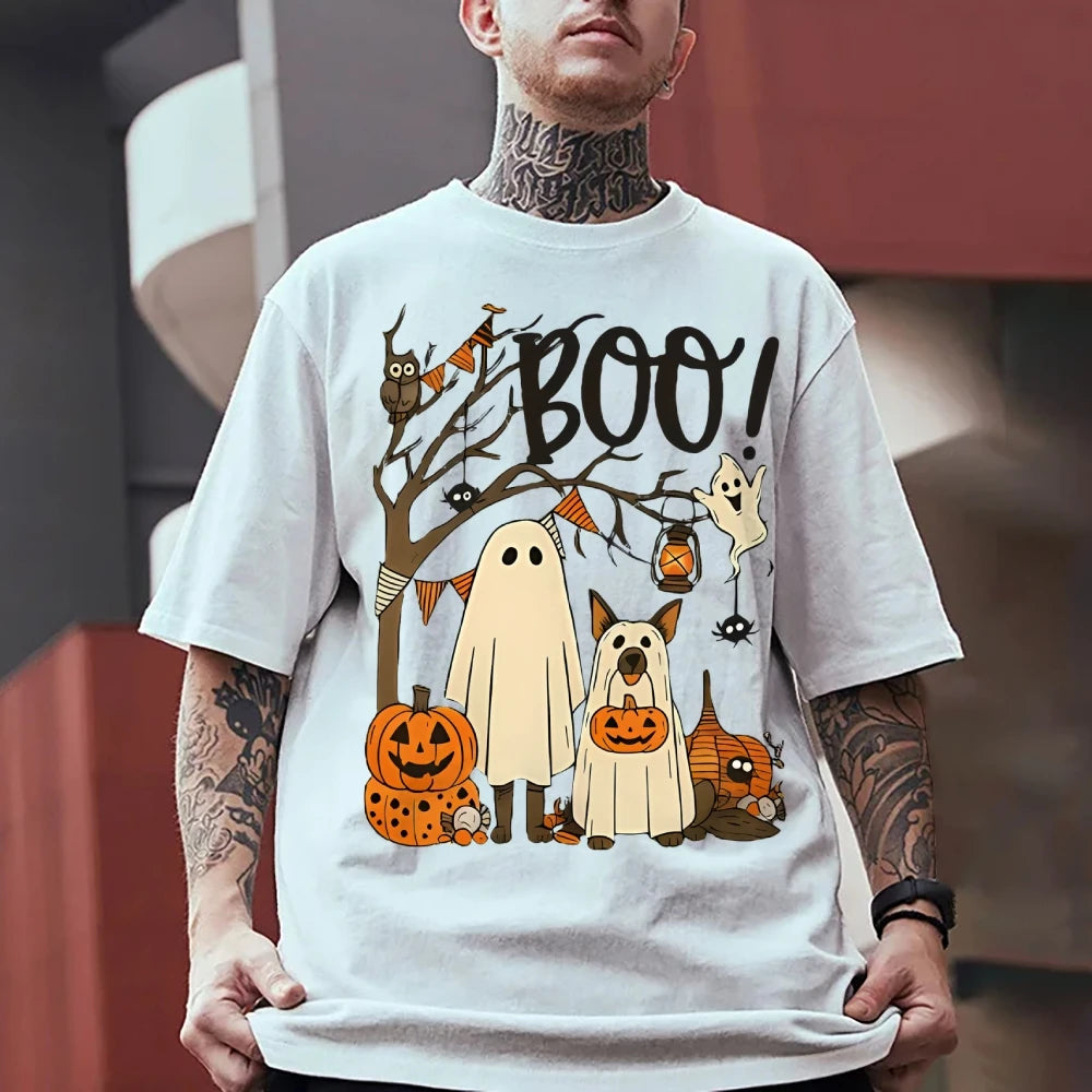 Halloween Cute Ghost Pumpkin T-shirt Funny Dog Graphic Tees Summer Breathable Women’s Cotton Fashion O-Neck Short Sleeve Tops