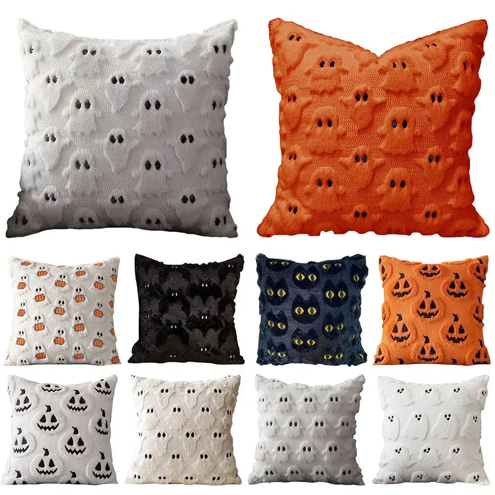 Halloween Ghost Pumpkin Pillowcase Washable Plush Faux Fur Pillowcase Ghost&Pumpkin Pillow Cover for Home Party Pumpkin Decor