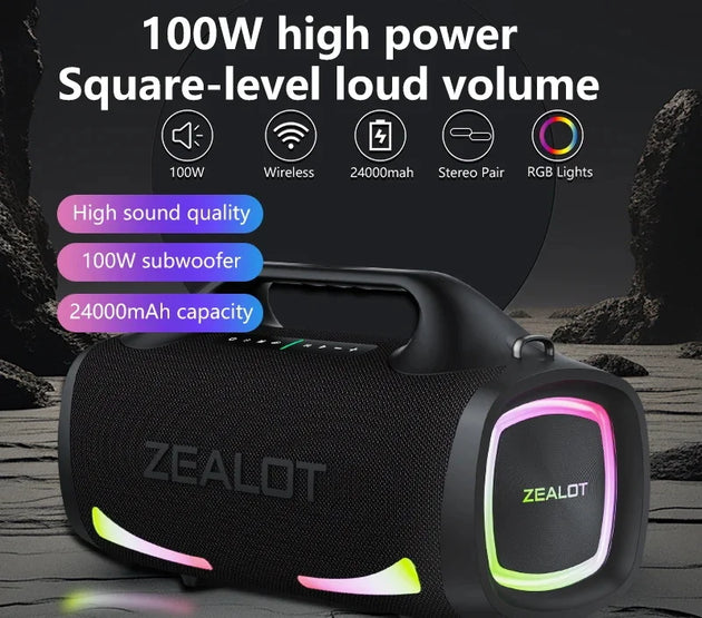 Zealot S79 100W Wireless speaker, Outdoor Portable Subwoofer Speaker, Hifi Sound quality,Dual Pairing, Fast Charging,24000mAh.