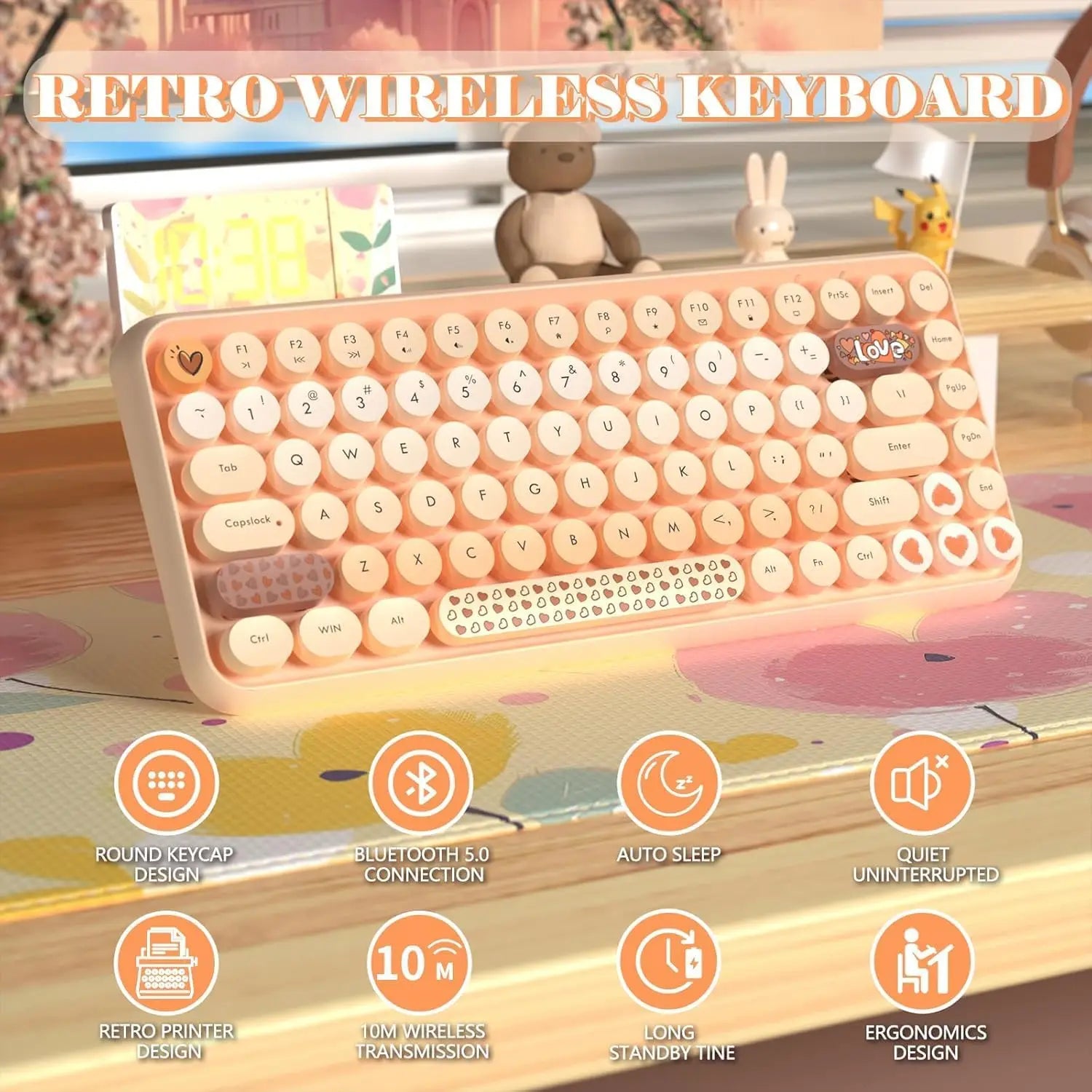 FELICON Wireless Bluetooth Keyboard, Mini Portable 84-Key Typewriter Retro Round Keycaps Keyboard,Compatible with Android, Win