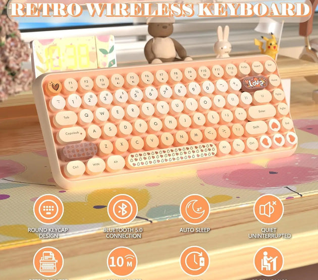 FELICON Wireless Bluetooth Keyboard, Mini Portable 84-Key Typewriter Retro Round Keycaps Keyboard,Compatible with Android, Win