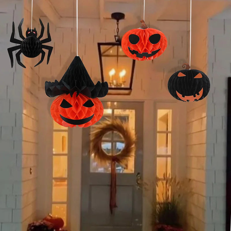 8Pcs/set 3D Spider Pumpkin Honeycomb Ball for Halloween Party Decoration Hanging Paper Lantern Crafts Home Indoor Outdoor Decor