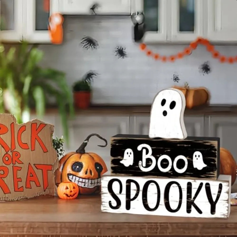 3 PCS Halloween Cute Ghost Wooden Block Sign Halloween Boo Spooky Tiered Tray Decor Wooden Ghost Theme Table Centerpieces for H