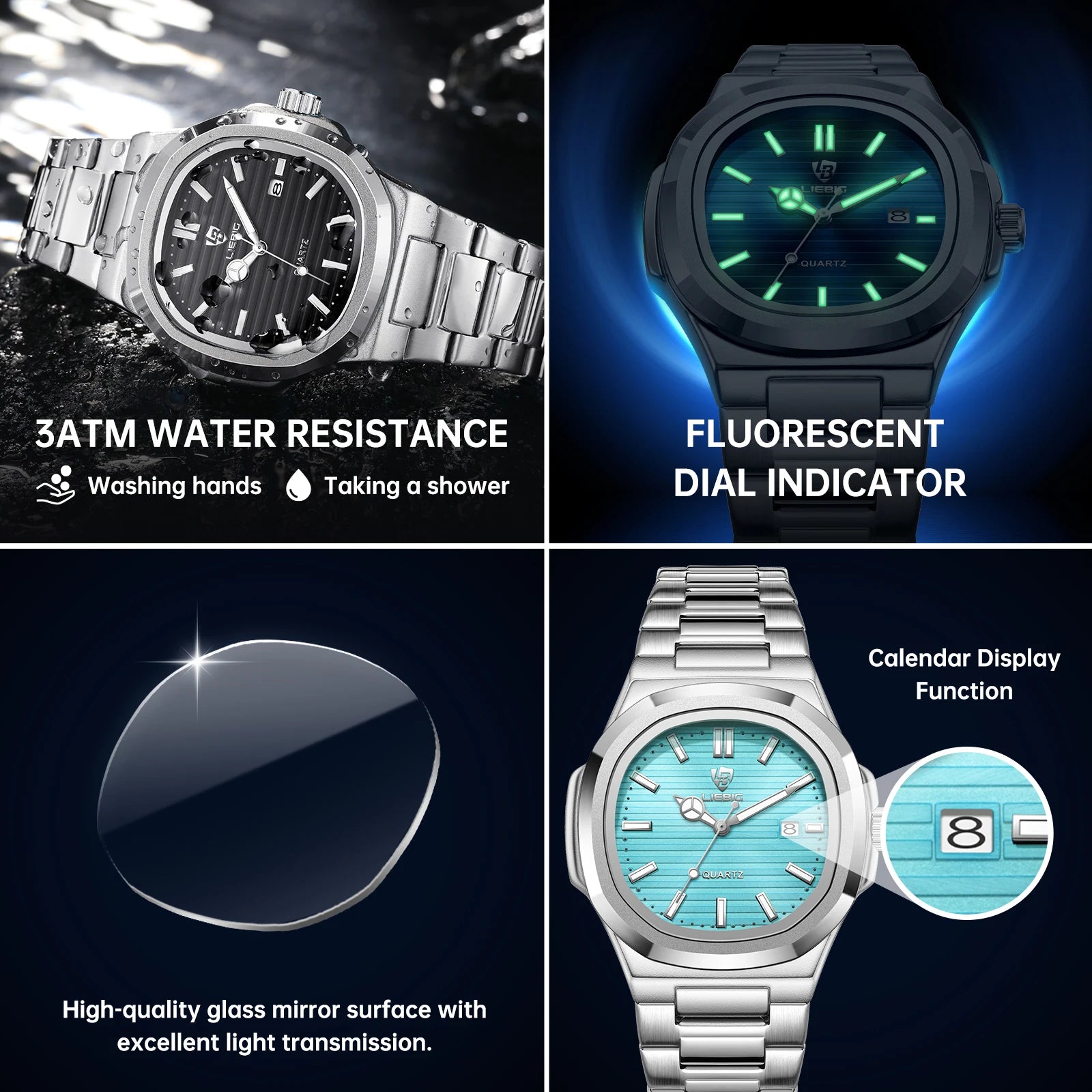 LIEBIG Fashion Calendar Movement Quartz Watches Lady Stainless Steel Strip Watch Business Waterproof Wristwatches For Men Women