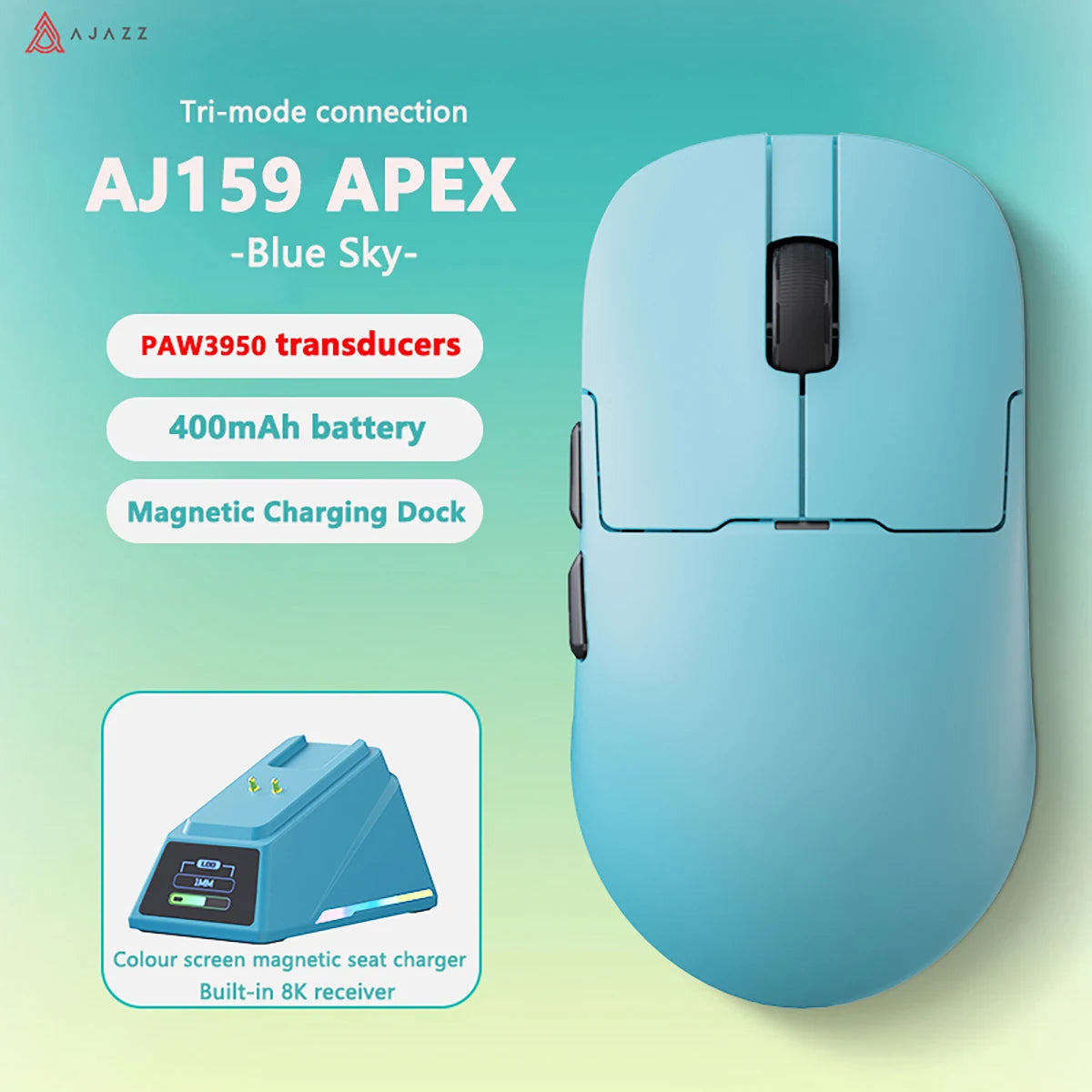 AJAZZ light krypton aj159apex wireless 8K lightweight PAW tri-mode gaming mouse with color screen