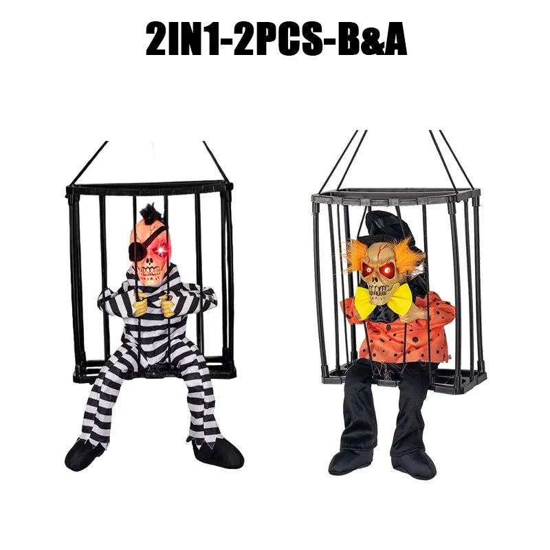 Halloween Decoration Prisoner Ghost In Cage Scary Skull Prop Electric Skeleton Toy Glowing Eye Sound Doll Hangable Talking Ghost