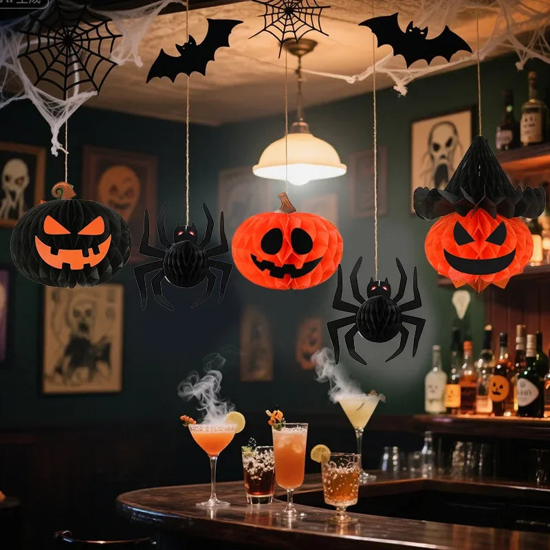 8Pcs/set 3D Spider Pumpkin Honeycomb Ball for Halloween Party Decoration Hanging Paper Lantern Crafts Home Indoor Outdoor Decor
