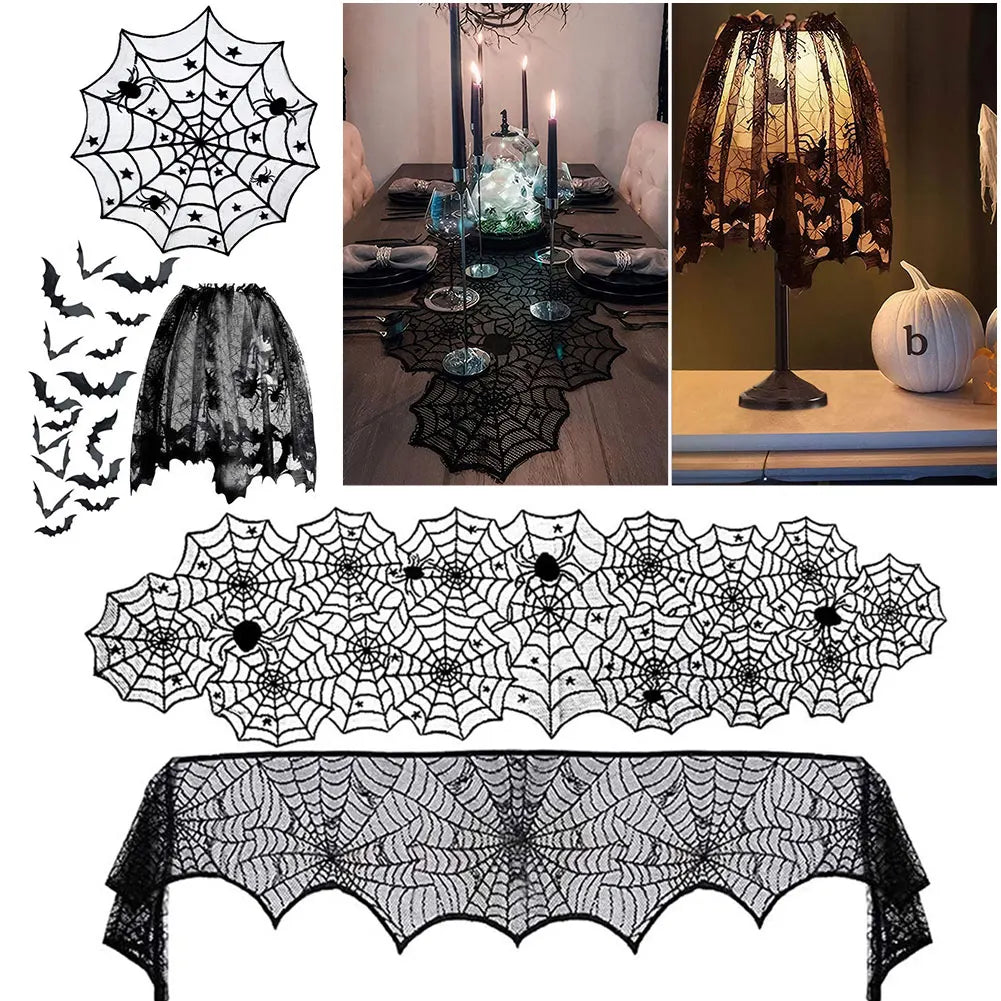Halloween Decorations Black Lace Spider Web Tablecloth Runner Fireplace Scarf for Halloween Party Home Decoration