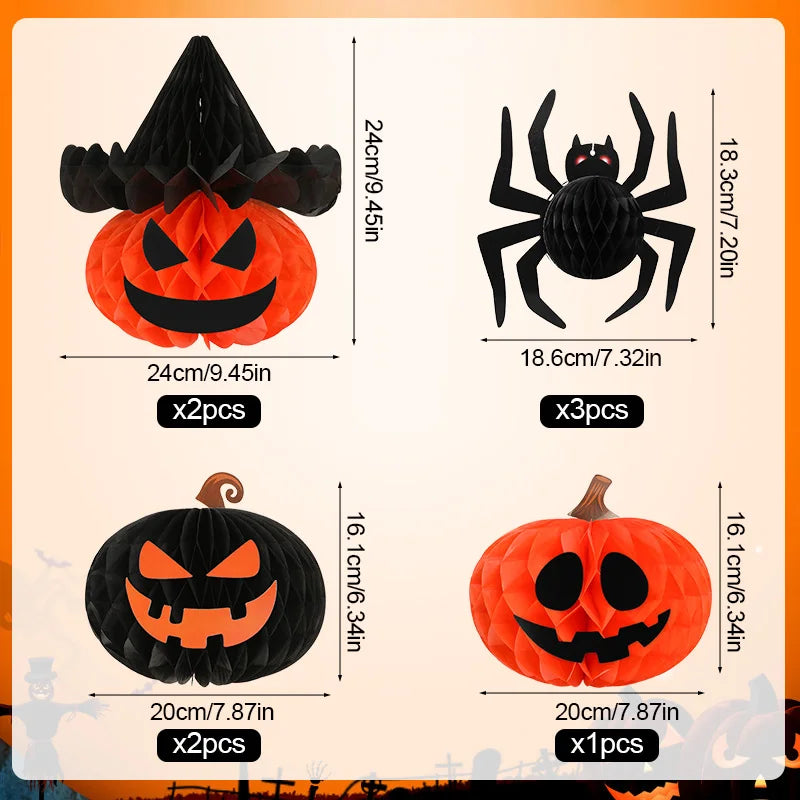 8Pcs/set 3D Spider Pumpkin Honeycomb Ball for Halloween Party Decoration Hanging Paper Lantern Crafts Home Indoor Outdoor Decor