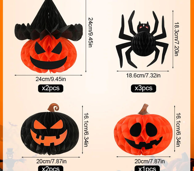 8Pcs/set 3D Spider Pumpkin Honeycomb Ball for Halloween Party Decoration Hanging Paper Lantern Crafts Home Indoor Outdoor Decor