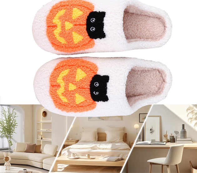 Halloween Pumpkin Cat Slippers Closed Toe Slippers Flat Thermal Slippers Warm Slip-On Unisex House Shoes Winter Halloween Gifts