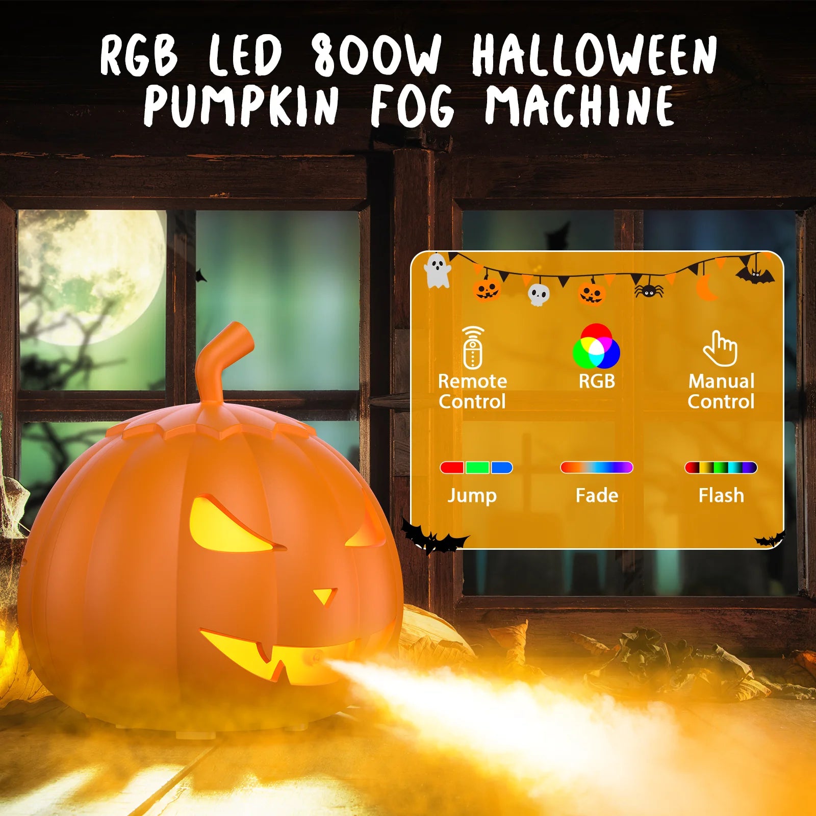 Fieryzeal 800W Fog Machine Halloween Decoration Pumpkin Smoke Machine with Remote Control RGB LED Light Halloween Maker Fogger