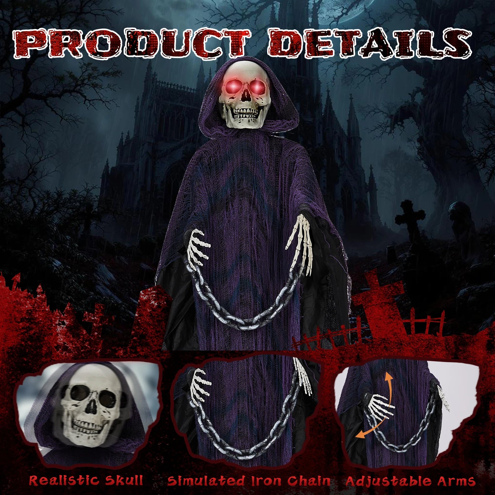 6ft Halloween Decorations Outdoor Life Size Animatronics Grim Reaper with Chain, Sound-Actived Party Decor with Creepy Sound