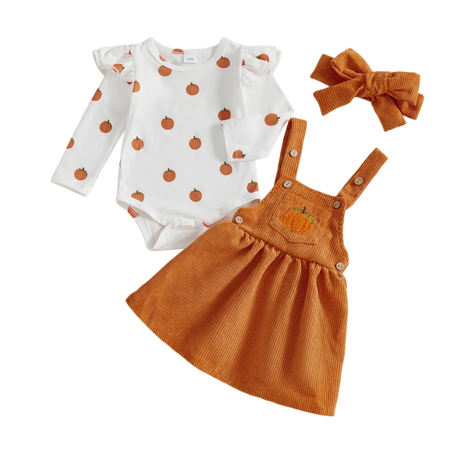 Adorable Toddler Girls Halloween Costume Set with Pumpkin Print Romper Suspender Dress and Headband - 3 Piece Outfit for Fall