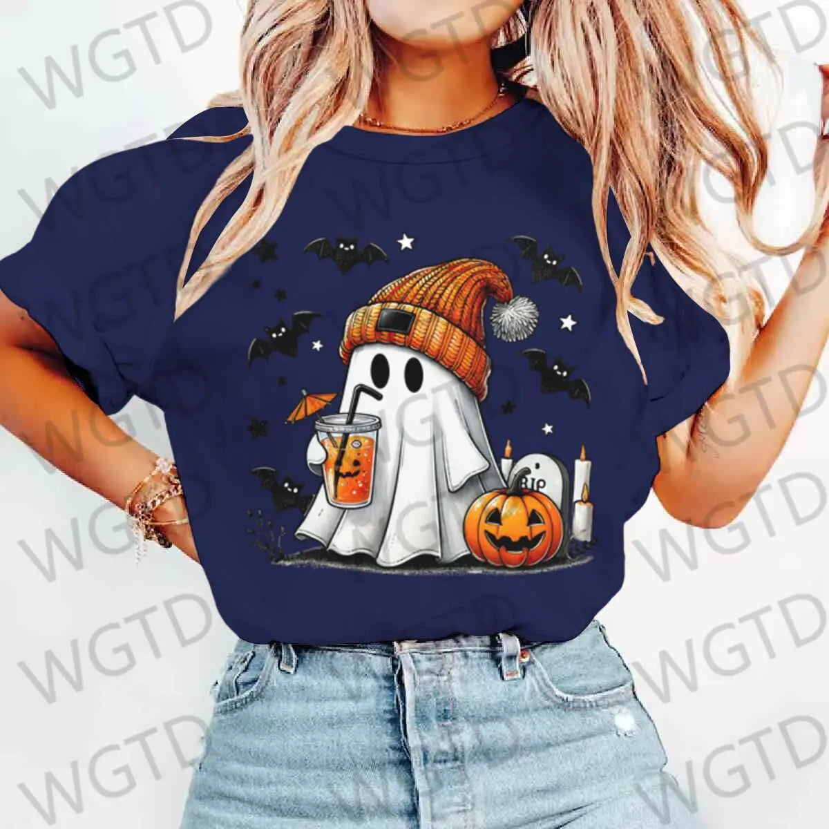 Halloween Ghost Pumpkin Bat Print T-shirts Summer Casual T Shirt For Women Creative Short Sleeve Tees Happy Halloween T-shirt