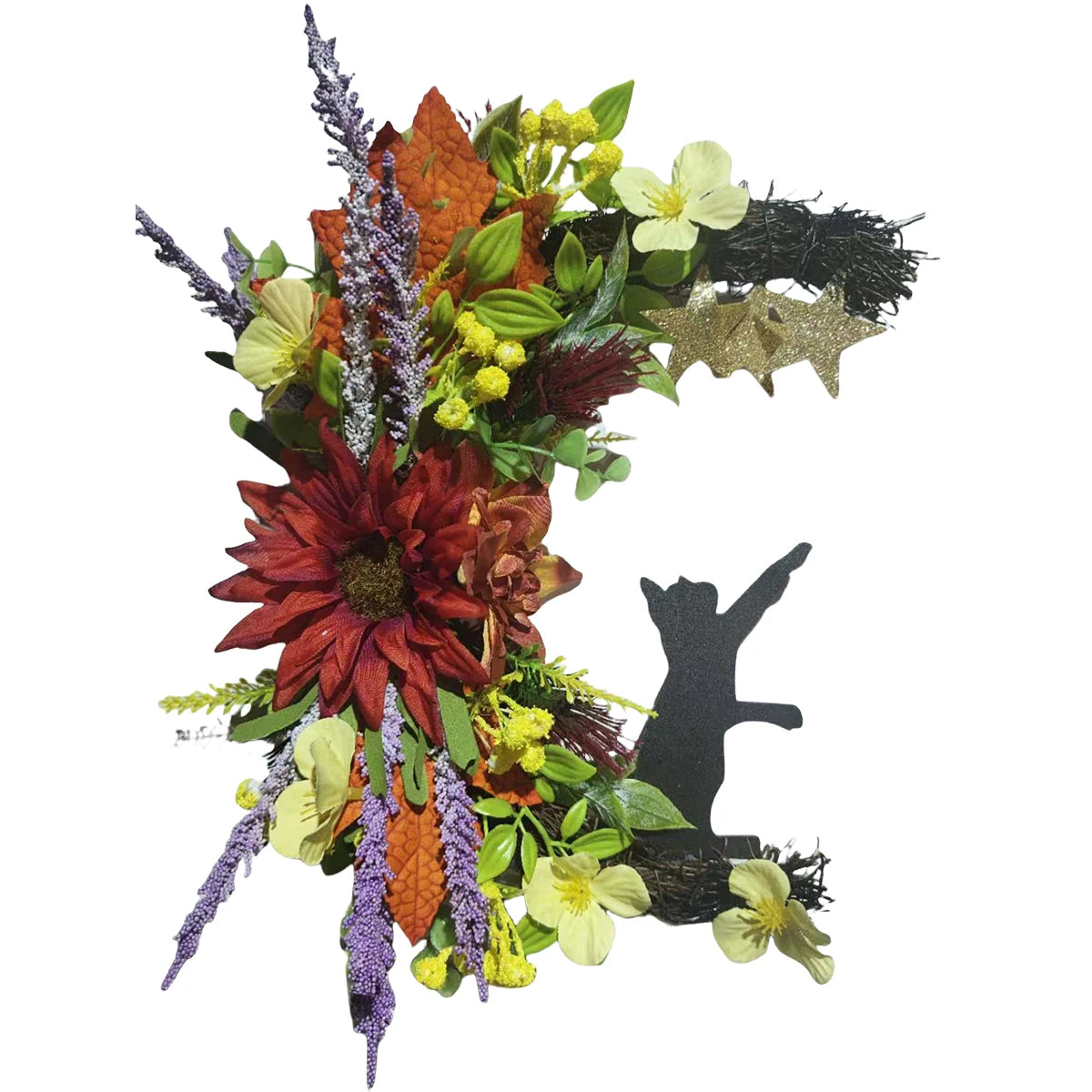 Halloween Moon Cat Wreath, 11.81 Inch Moon Shape Artificial Flower Wreath with Cat, Halloween Wreath for Front Door Wall