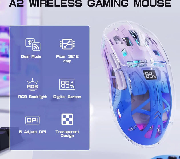 A2 Transparent Wireless Gaming Mouse, BT 5.0/2.4G PC Rechargeable RGB Mice with Digital Screen,PixArt 3212, 5 Adjustable DPI