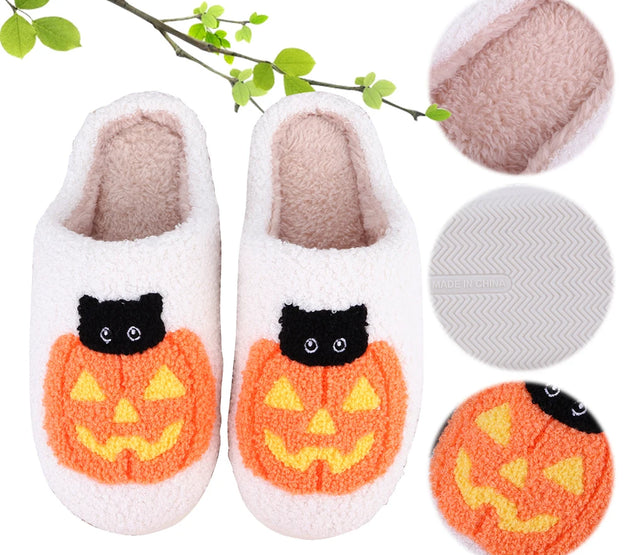 Halloween Pumpkin Cat Slippers Closed Toe Slippers Flat Thermal Slippers Warm Slip-On Unisex House Shoes Winter Halloween Gifts