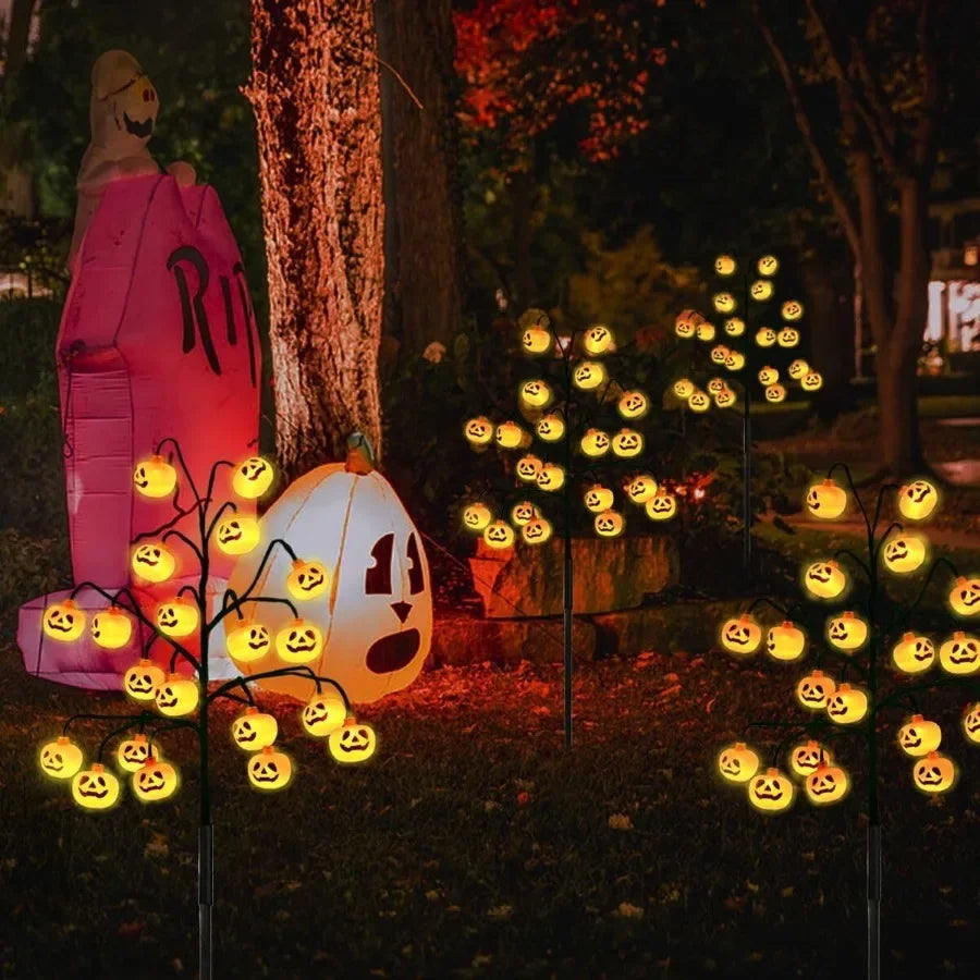 4 Pack 80 LED Halloween Solar Pumpkin Stake Lights for Outdoor Halloween Decorations Orange Jack O Lantern Pumpkins Solar Pathw