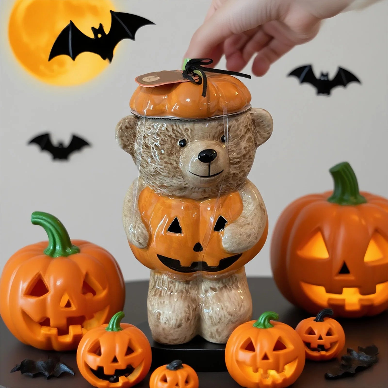 Bear-Shaped Halloween Cookie Jar with Lid - Multi-Purpose Decorative Storage for Candy, Kitchen Supplies, or Farmhouse Style