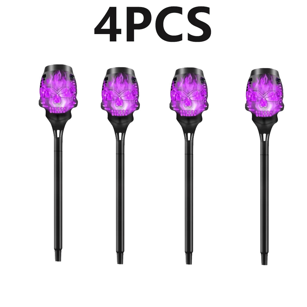 4pcs Skull-Shaped Solar-Powered Night Light Flame Torch Light Waterproof Garden Outdoor Lawn Decoration Lamp Halloween LED Lamps