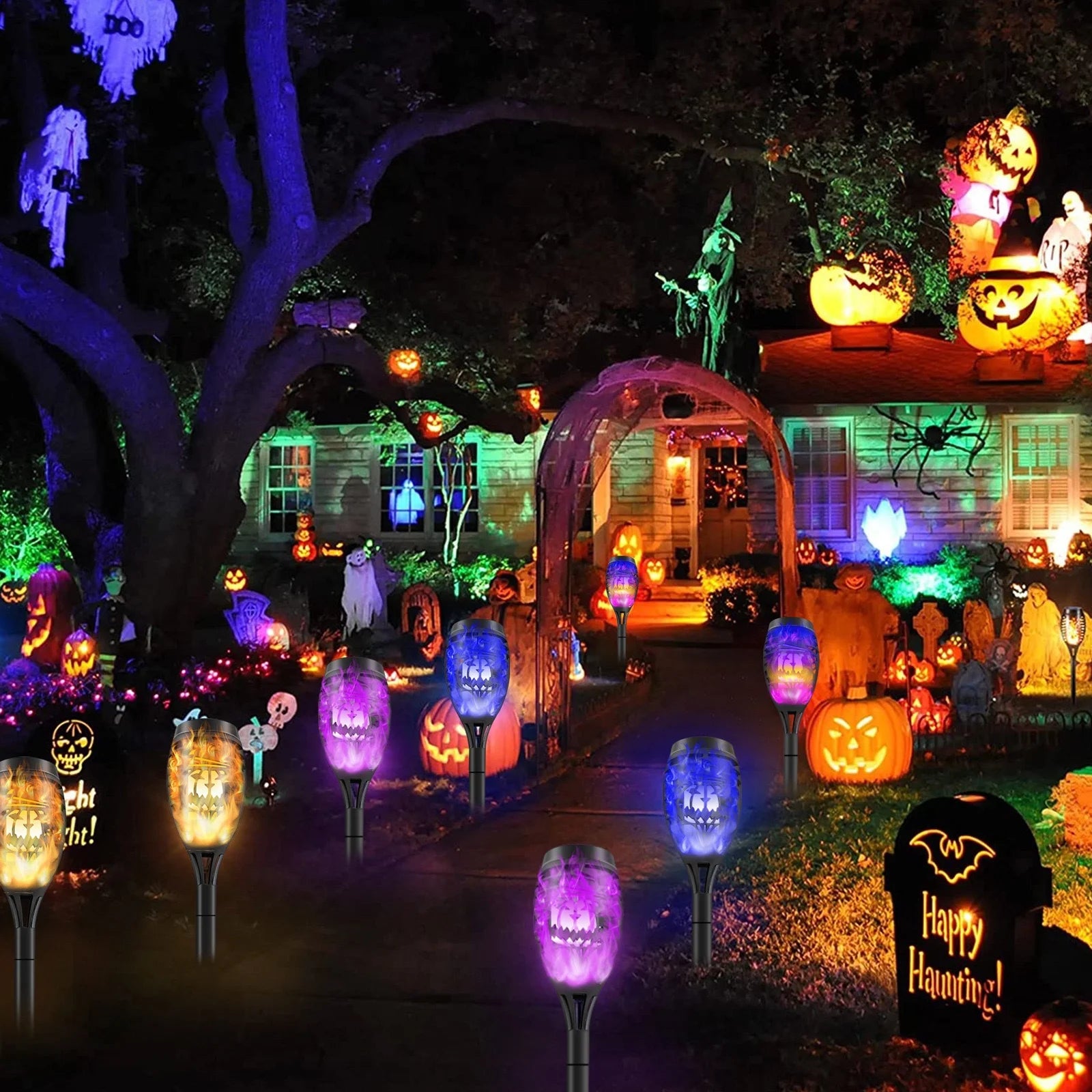 4pcs Skull-Shaped Solar-Powered Night Light Flame Torch Light Waterproof Garden Outdoor Lawn Decoration Lamp Halloween LED Lamps