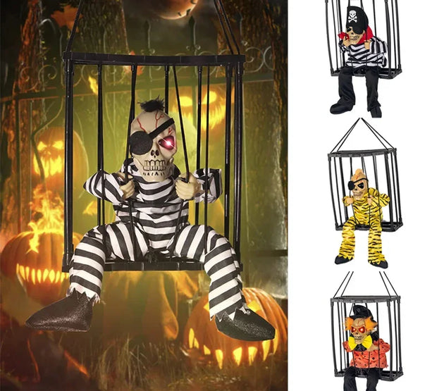 Halloween Decoration Prisoner Ghost In Cage Scary Skull Prop Electric Skeleton Toy Glowing Eye Sound Doll Hangable Talking Ghost
