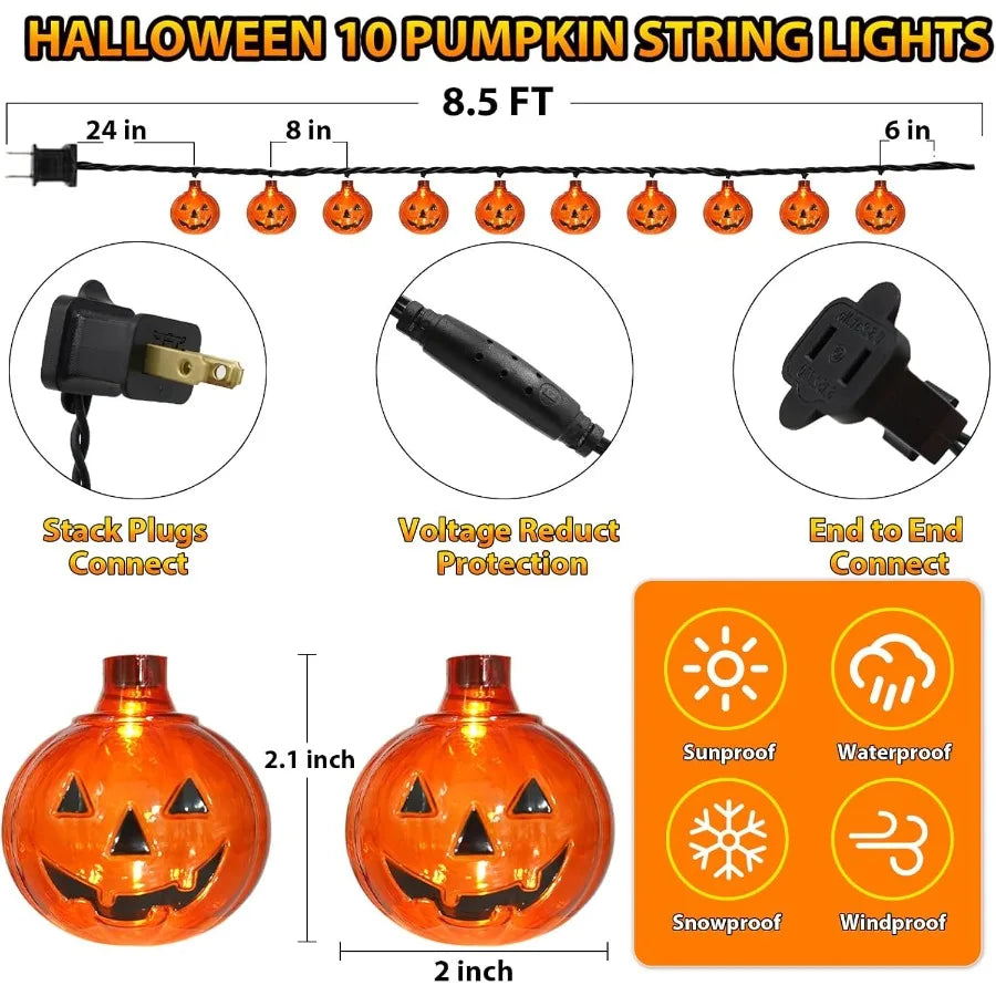 8.5Ft Halloween Lights Pumpkin LED String Lights with 10 PCS Jack O Lantern Pumpkin Lights Plug in Waterproof for Outdoor Indoo