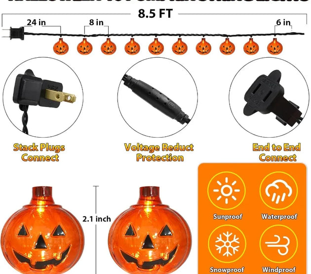 8.5Ft Halloween Lights Pumpkin LED String Lights with 10 PCS Jack O Lantern Pumpkin Lights Plug in Waterproof for Outdoor Indoo