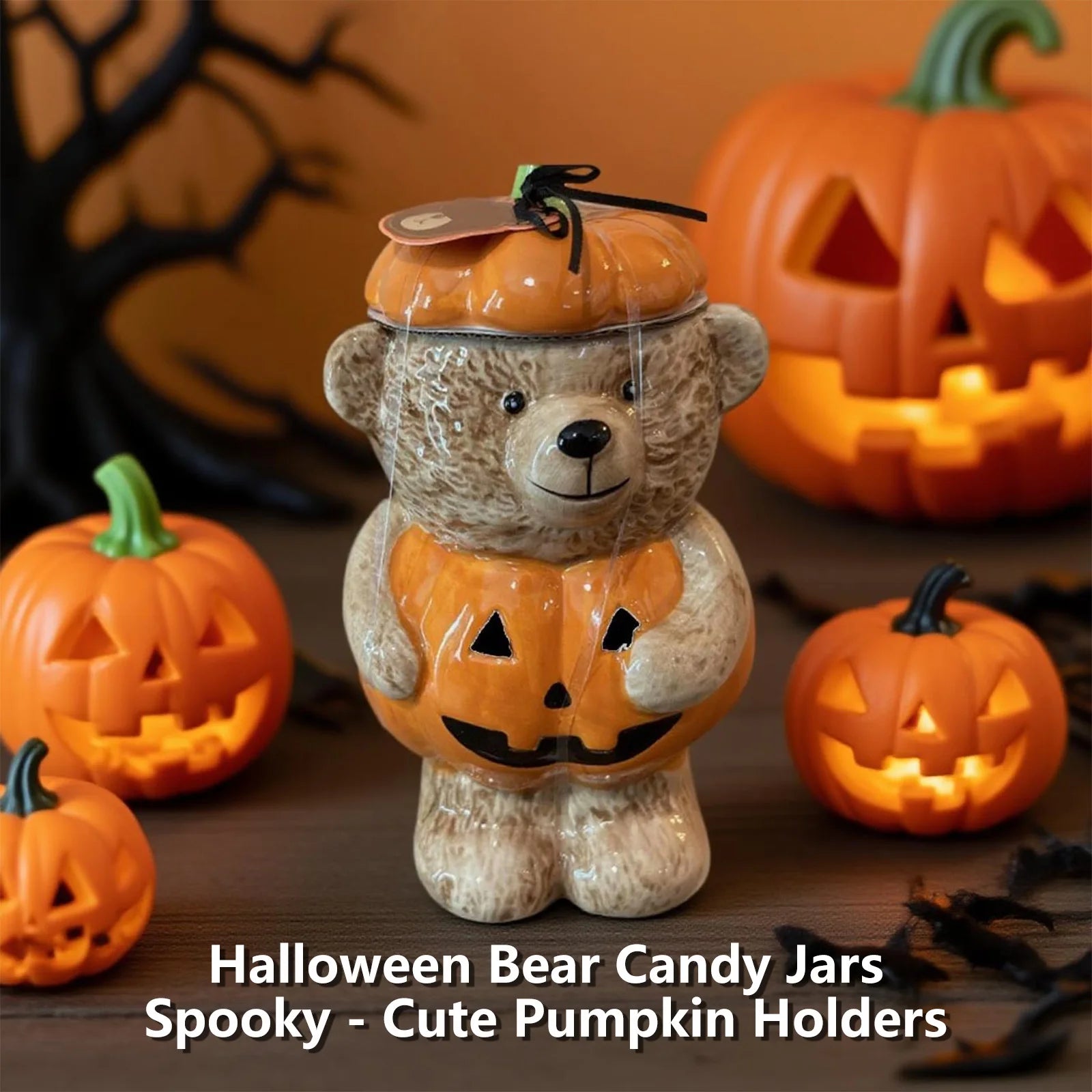 Bear-Shaped Halloween Cookie Jar with Lid - Multi-Purpose Decorative Storage for Candy, Kitchen Supplies, or Farmhouse Style