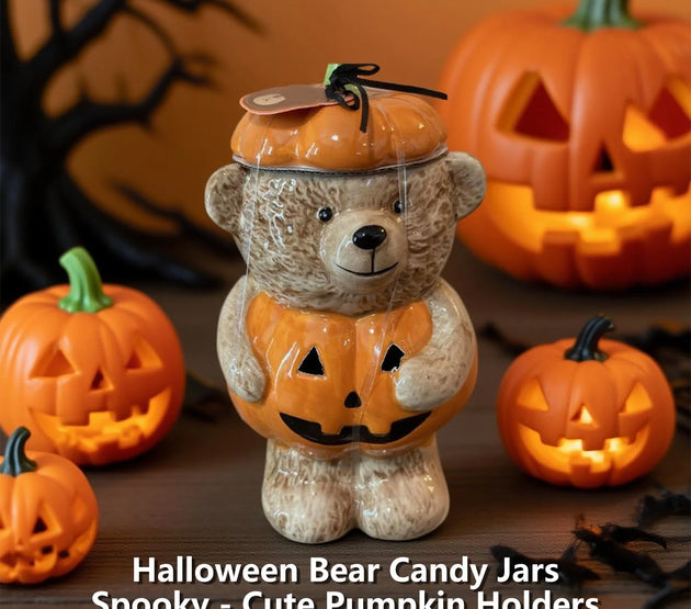 Bear-Shaped Halloween Cookie Jar with Lid - Multi-Purpose Decorative Storage for Candy, Kitchen Supplies, or Farmhouse Style