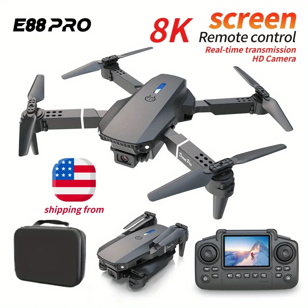 2025 E88 Pro Mini Drone with Screen Control 4K Dual Camera Optical Flow Positioning LED Lighting Remote Control Aircraft