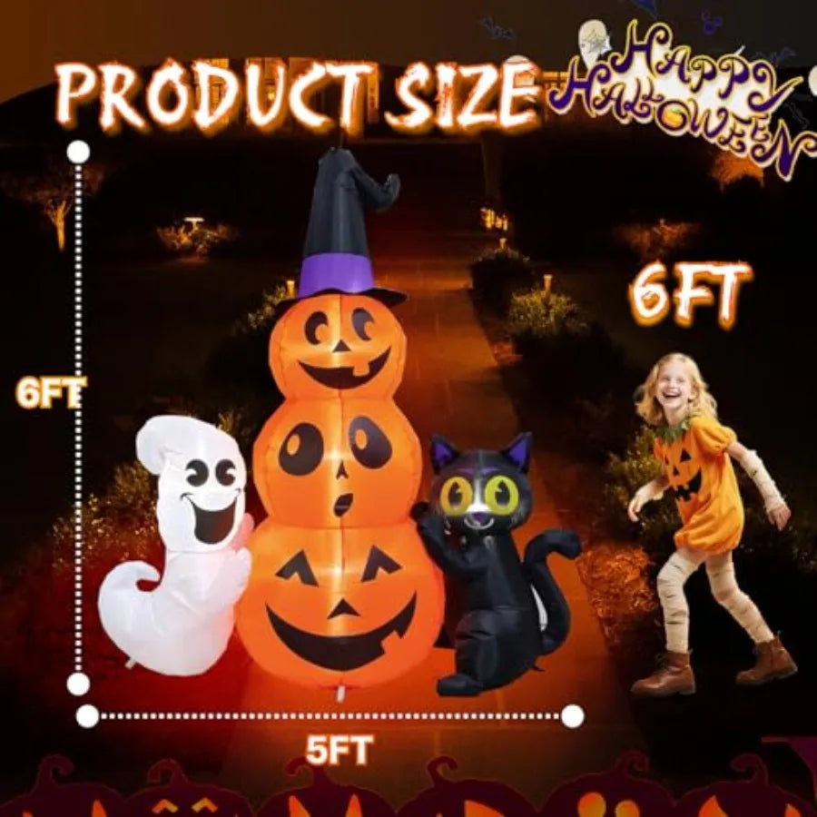 6 FT Halloween Inflatables Pumpkin Stack with Ghost and Black Cat Outdoor Decorations Featuring Builtin LED Lights for Spooky A