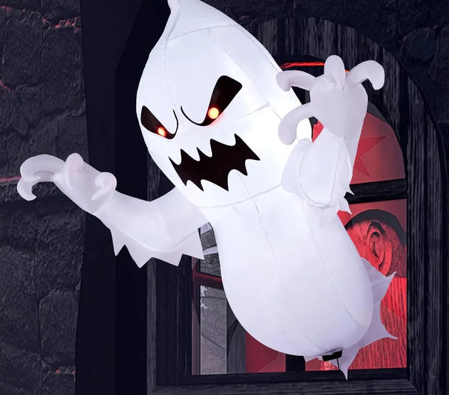 4.5 FT Halloween Iatable Ghost with Buildin LEDs Blow Up Flying Ghost Broke Out from Window for Halloweeen Window Decorations Y