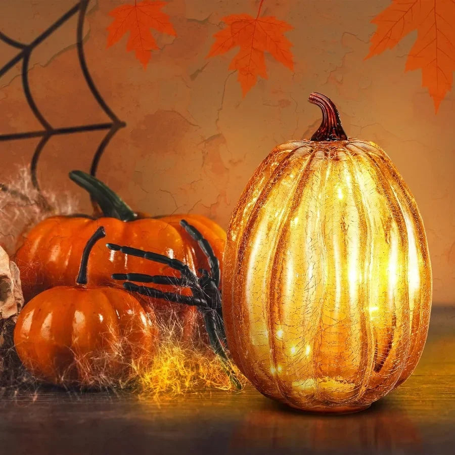 Large Glass Pumpkin LED Light for Fall and Thanksgiving Home Decor Ideal for Bedroom Bathroom Hallway and Halloween Nighttime A