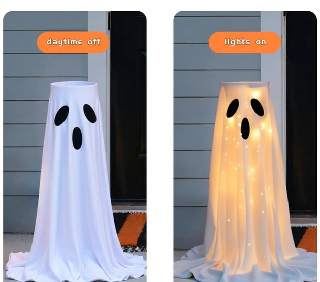 Halloween Lighted White Cloth Ghost Candy Bowl Indoor & Outdoor Decor Kit Scary Standing Ghosts Decor for Front Door Porch Yard
